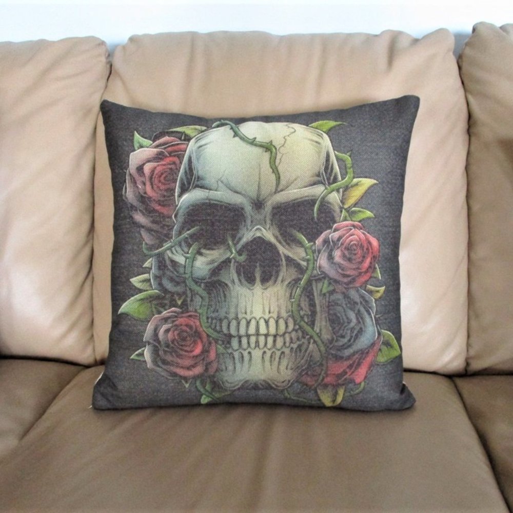 Skull Red Roses Throw Pillow Case Home Halloween Valentine Decor Zipper Washable